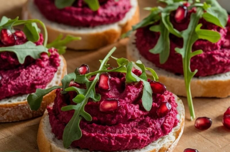 Beet and Hummus Tartines Appetizer  with Pomegranate Seeds
